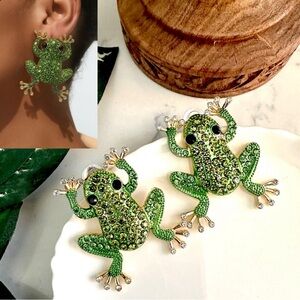 Frog Rhinestone Earrings Garden Toad Ribbit Sparkle Jungle Nature Jewelry NEW
